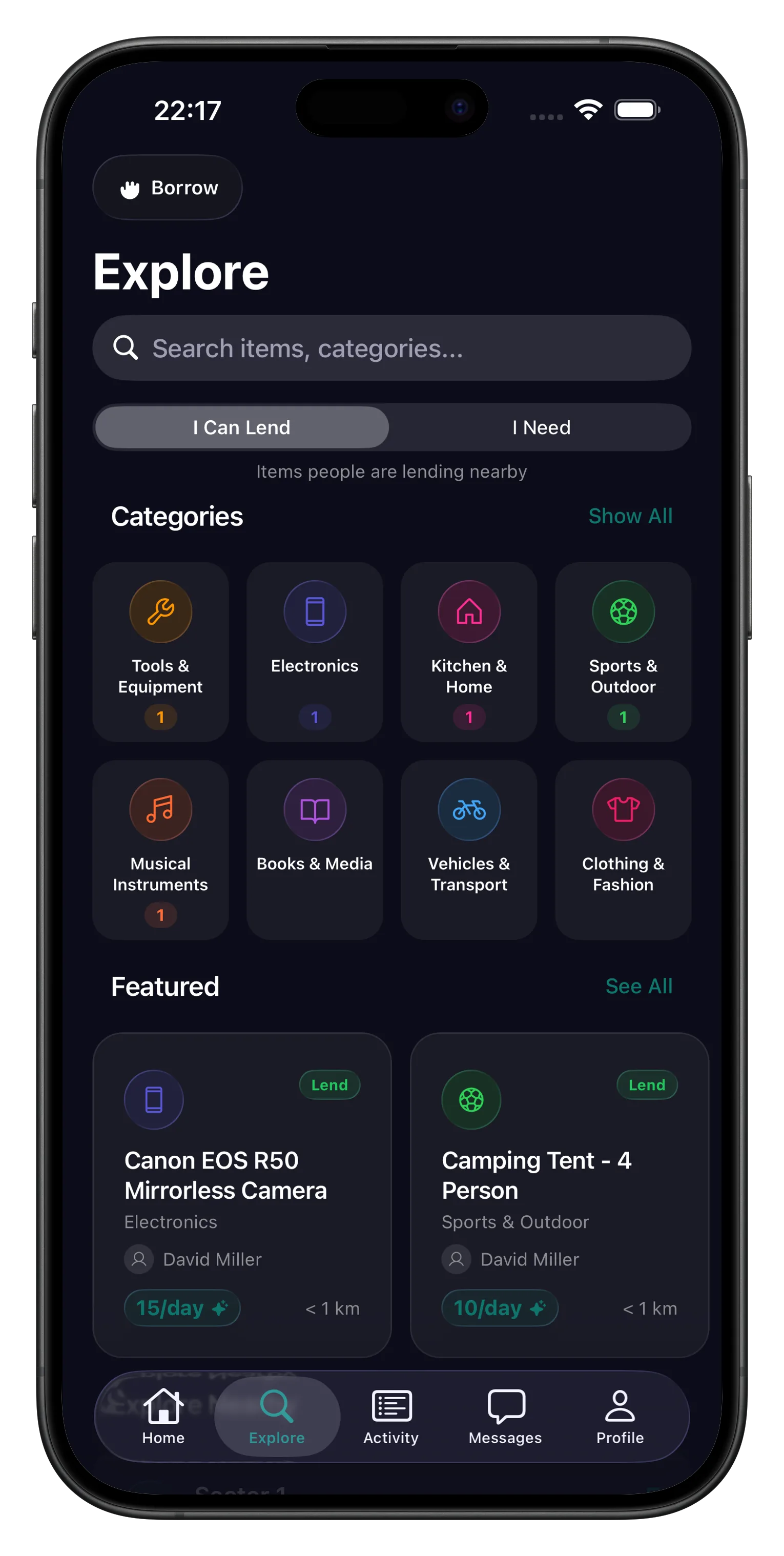 HandIt borrow feature — browse items to borrow